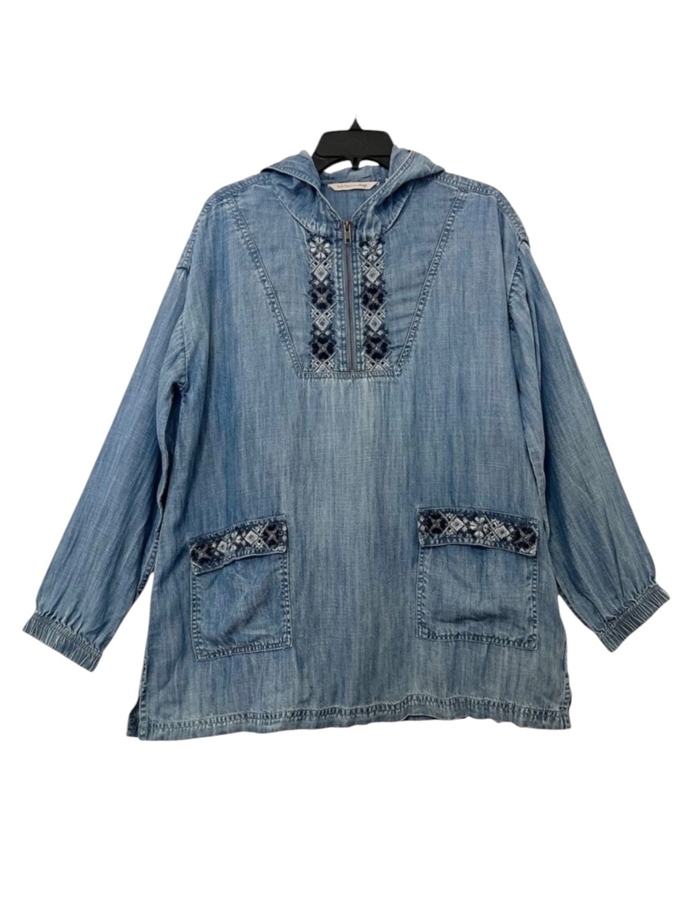 SOFT SURROUNDINGS Denim Lyocell Hooded Tunic Top Chambray Embroidered Large NWT